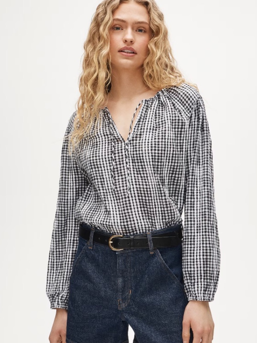 J crew Tie-front popover top in gingham seersucker
